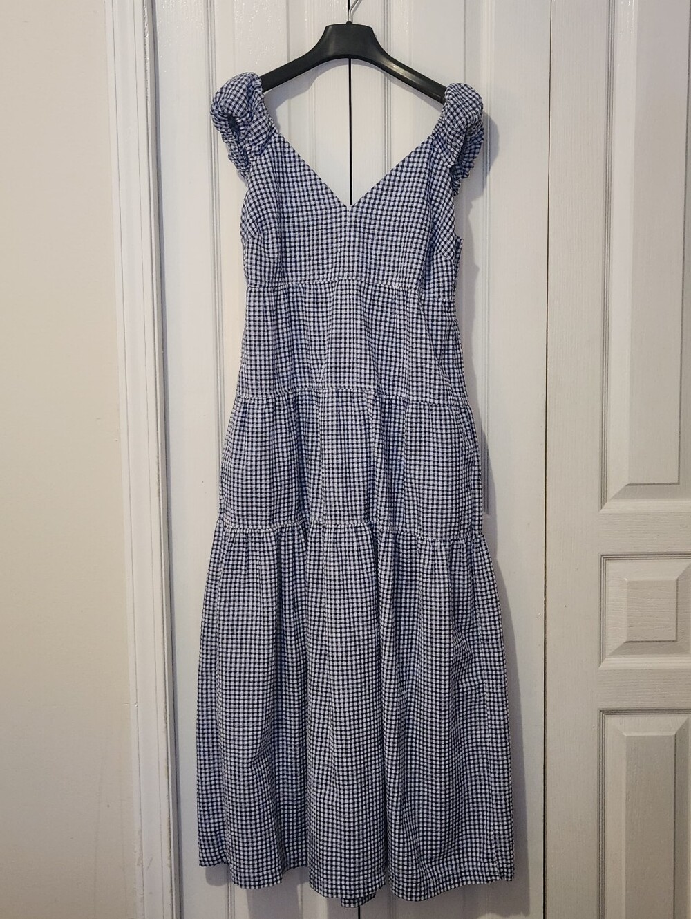 Old Navy Cotton Tiered Gingham Midi Dress in Navy Blue & White Size Small